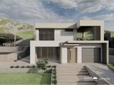 A complex of houses under construction with a swimming pool and a panoramic seaview