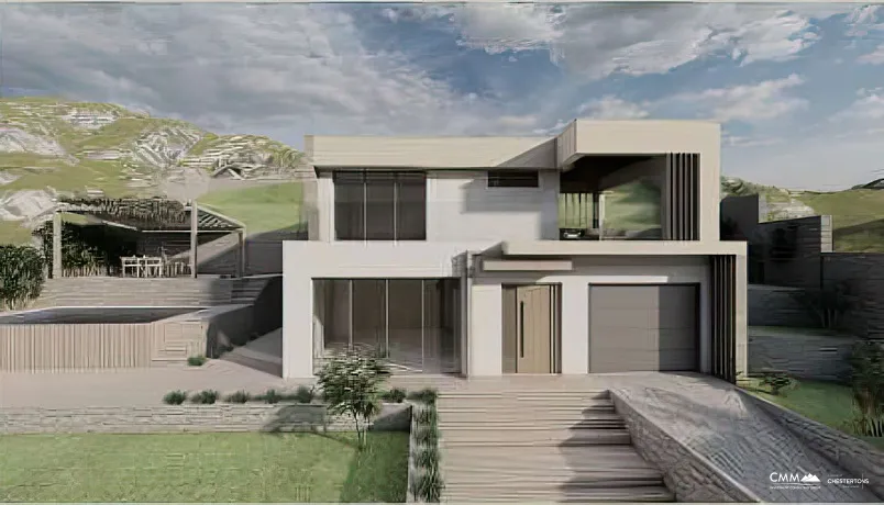 A complex of houses under construction with a swimming pool and a panoramic seaview